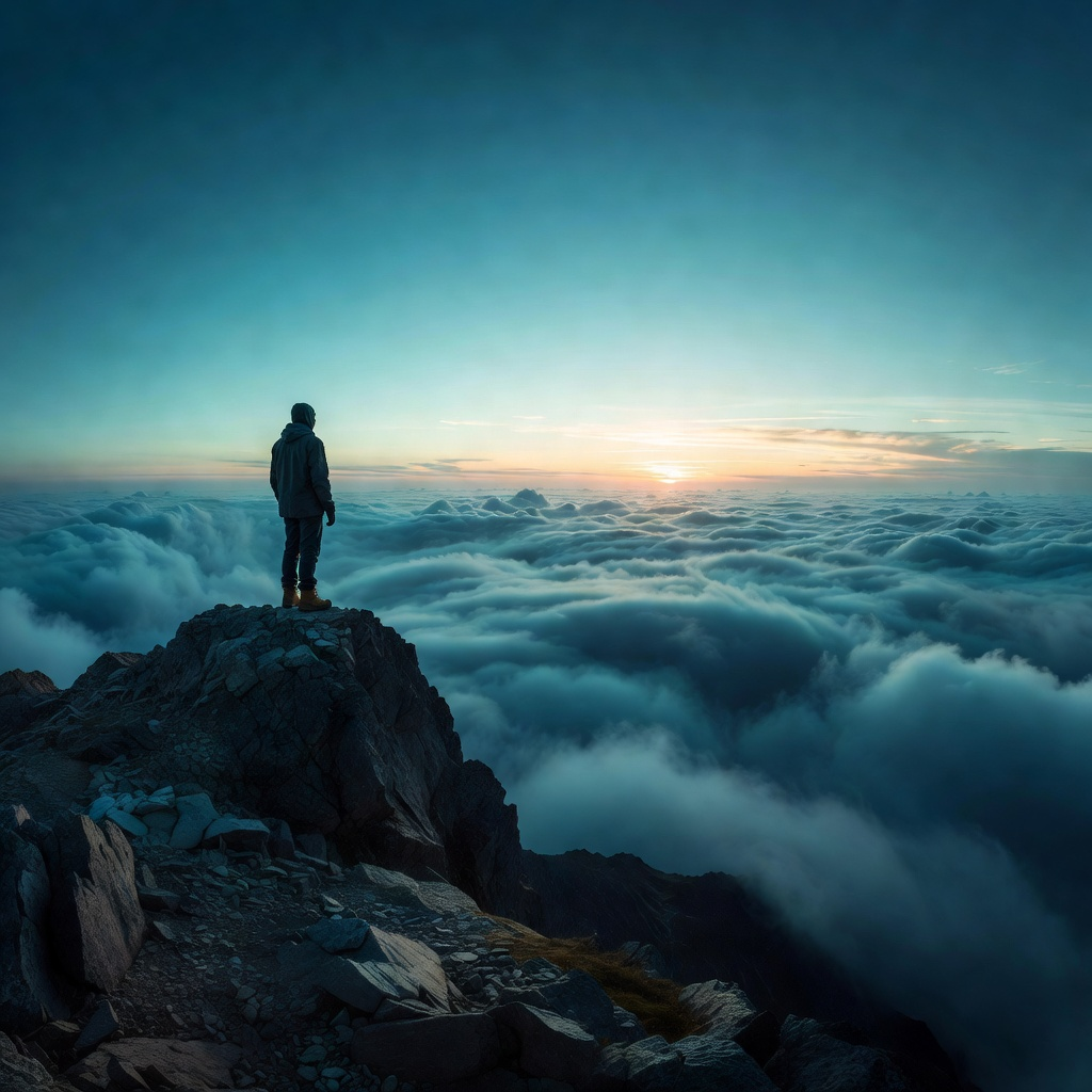 Person auf einem Berggipfel über den Wolken – Mission und Vision von forgecloud