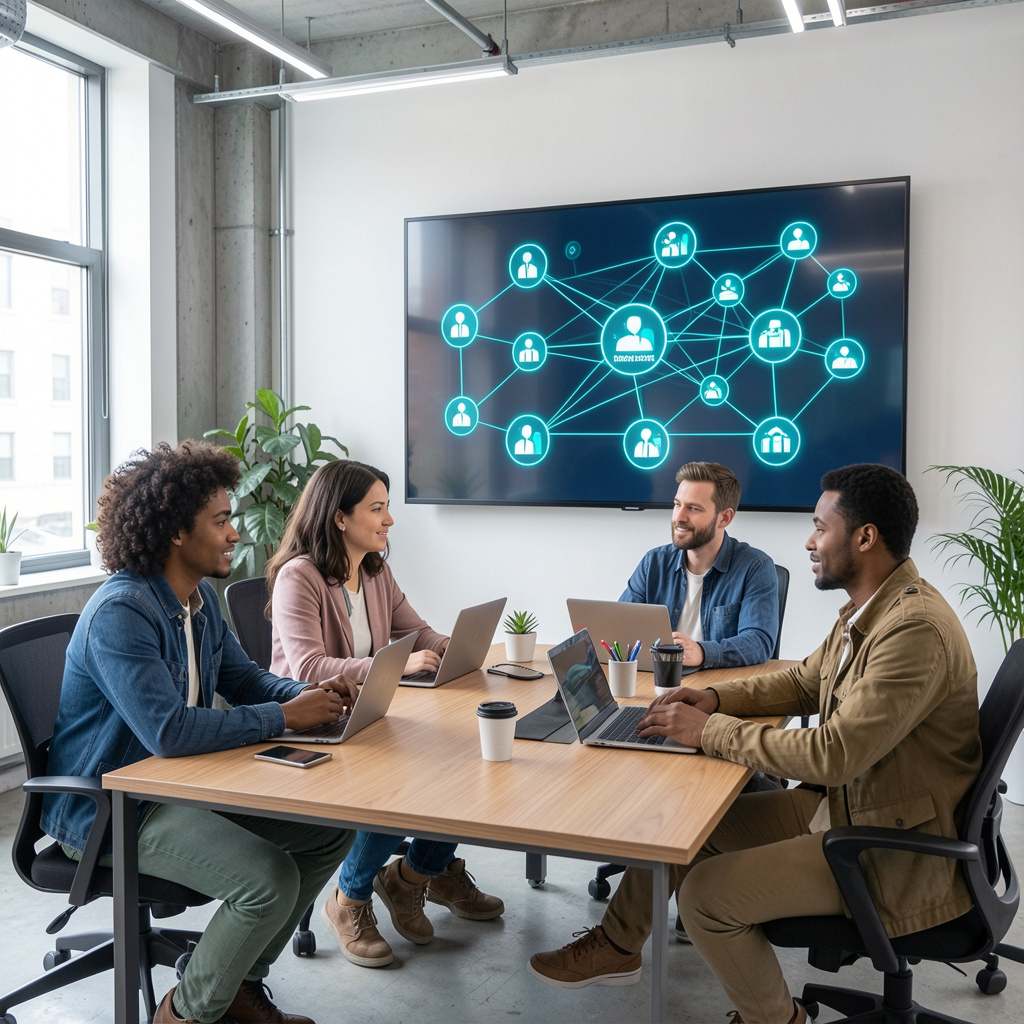 Team an einem Tisch vor einem Netzwerk-Diagramm – Netzwerk und Marktplatz