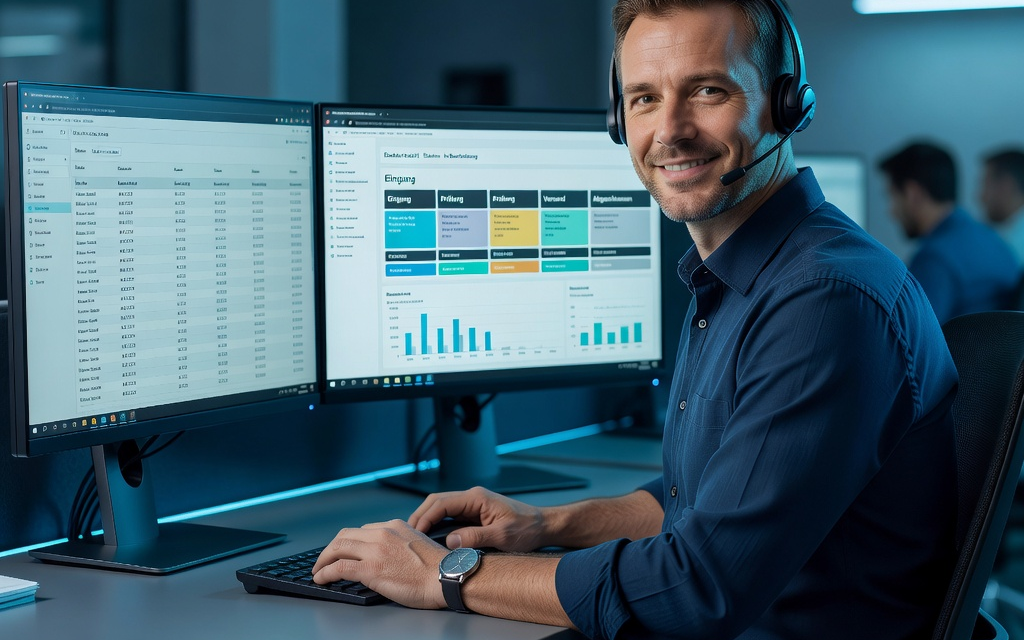 Mitarbeiter mit Headset am Arbeitsplatz – CRM und Auftragsmanagement